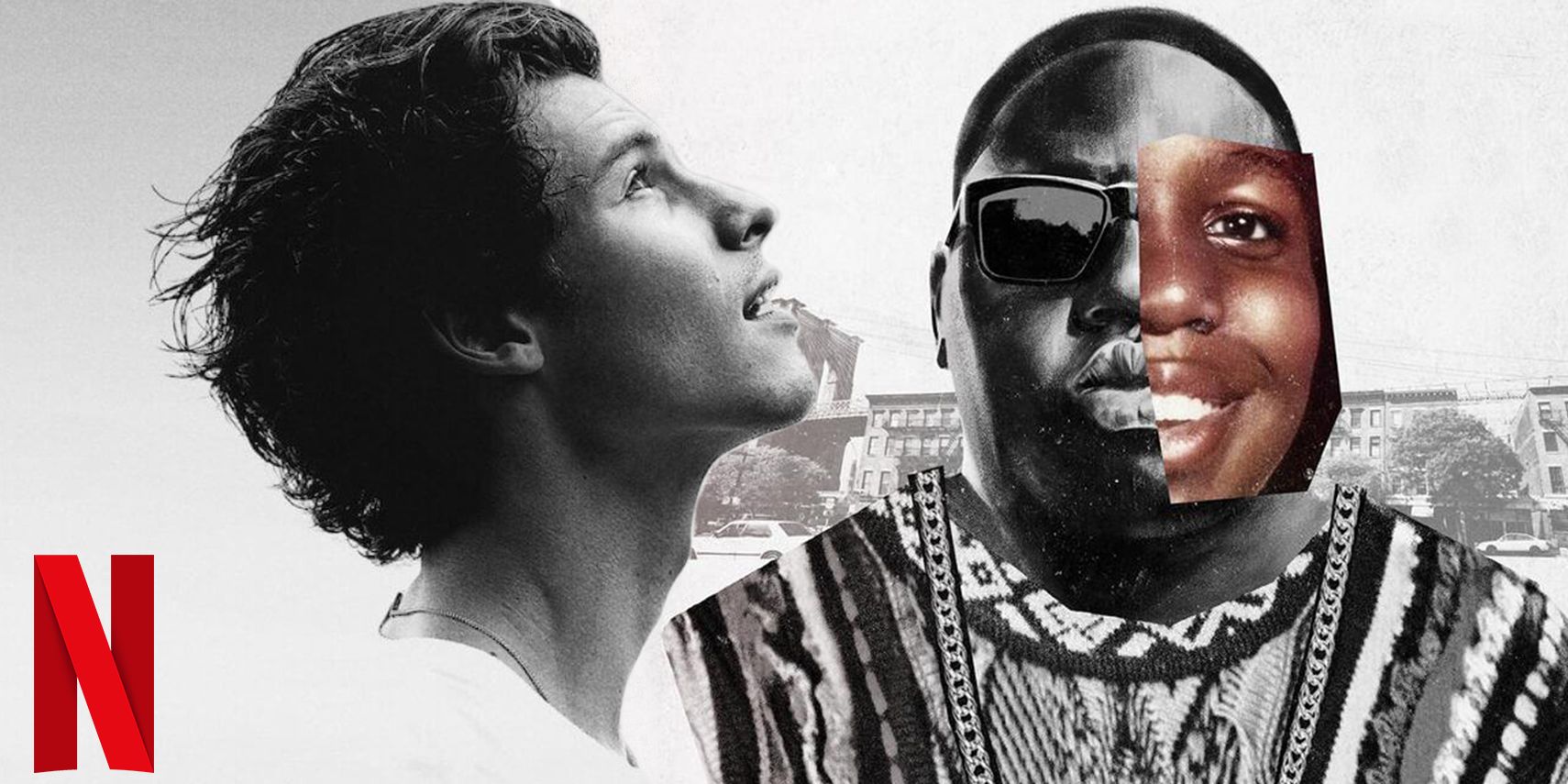 Afis alb-negru al lui Shawn Mendes, afis al filmului Biggie Netflix